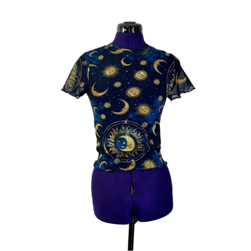 Forever 21 Blue Yellow Gold Sun Moon Stars Mesh Short Sleeve Top